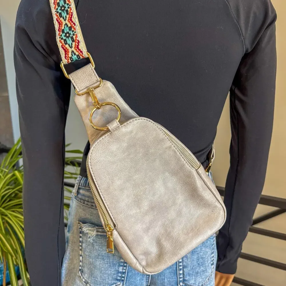 Moda Luxe Regina Vegan Leather Sling Backpack Gray Silver Boho Guitar Strap 888
